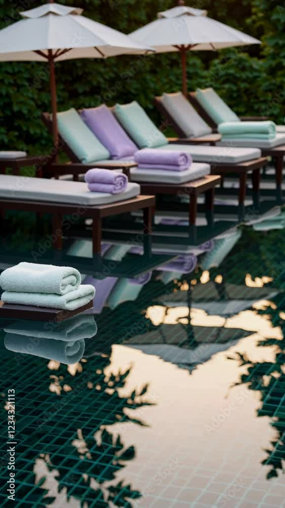 Aufkleber a serene poolside scene at a tropical resort, featuring neatly rolled white towels placed on plush l