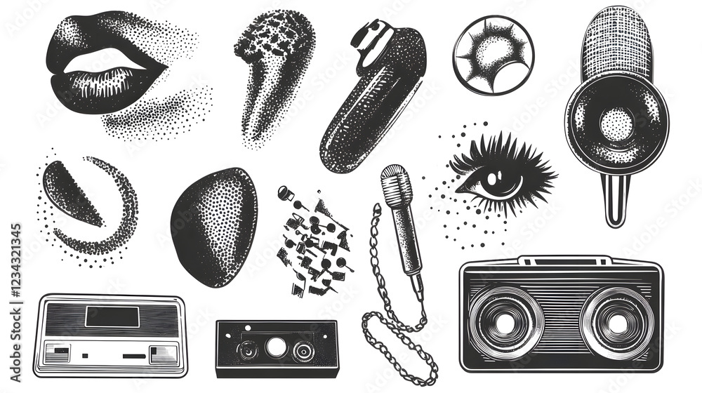 Poster vibrant monochrome collage of abstract elements and shapes representing sound music and creative exp