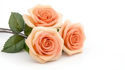 Three Peach Artificial Roses On White Background