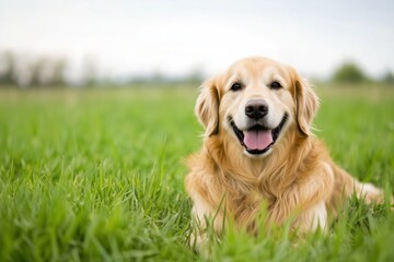 Happy golden retriever dog lying on grass in a field