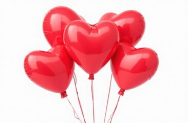 Five realistic red heart shaped balloons on white background. Valentine's Day poster
