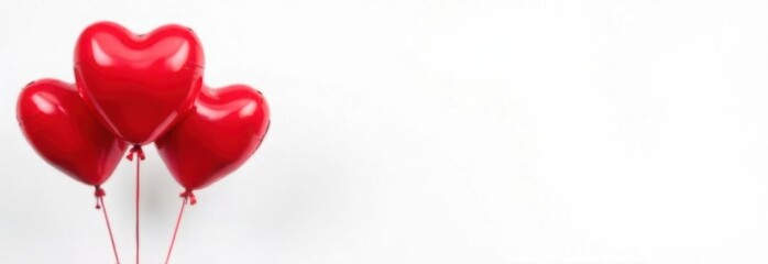 Three realistic red heart shaped balloons on white background. Valentine's Day poster with free space for text