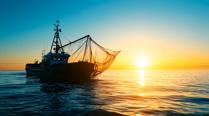 Fototapeta premium Fishing Boat Silhouette at Sunset
