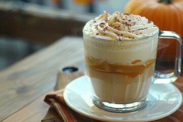 Warm pumpkin spice latte topped with whipped cream and spice on a rustic wooden table with a pumpkin in the background