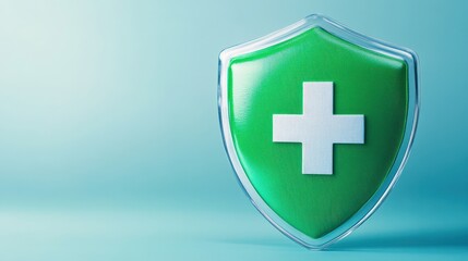 Fototapeta premium A shiny green shield symbolizing health and protection, featuring a white cross, ideal for health and safety themes.