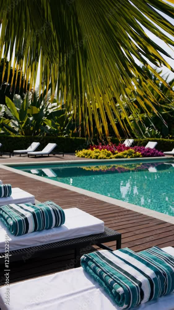Aufkleber a serene poolside scene at a tropical resort, featuring neatly rolled white towels placed on plush l