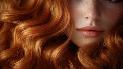 Close-Up of a Woman with Shiny red Wavy Hair &ndash; Perfect for Beauty, Haircare, and Fashion Advertisements, Salon Branding, and Cosmetic Product Promotions	