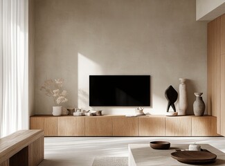 Modern interior of a living room with a mock-up black TV screen on a beige wall, a wooden console, and decorative elements. 