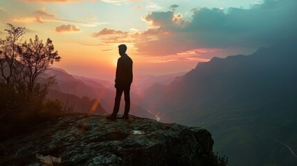 Obraz premium business male stand and feel happy on the most hight on the mountain, hiking, success, cliff, peak, business, success, successful, goal, victory, achievement, motivation,