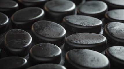 Close-up of stacked smooth black stones in soft light