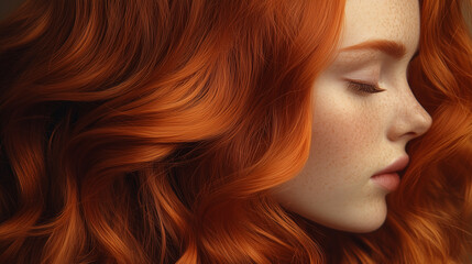 Obraz premium Close-Up of a Woman with Shiny red Wavy Hair – Perfect for Beauty, Haircare, and Fashion Advertisements, Salon Branding, and Cosmetic Product Promotions 