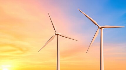 Obraz premium Two Wind Turbines at Sunset Clean Energy and a Vibrant Sky