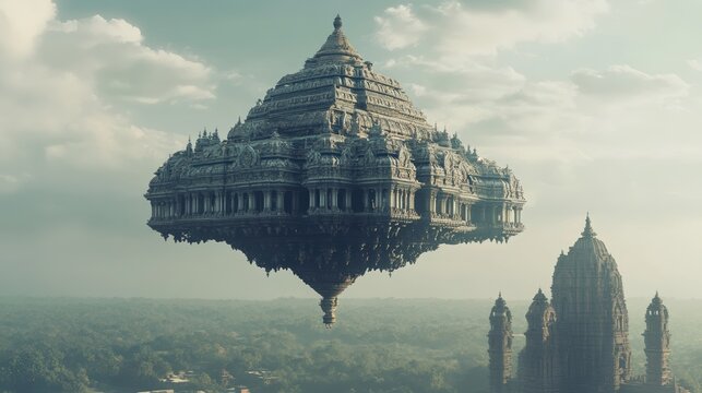 A majestic flying vimana with intricate Indian temple architecture, adorned with detailed carvings and floating gracefully above a vast landscape with ancient temples below