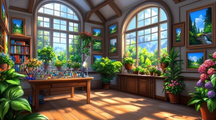 Bright, Inviting Garden Workspace with Large Windows and Colorful Plants in a Sunlit Room