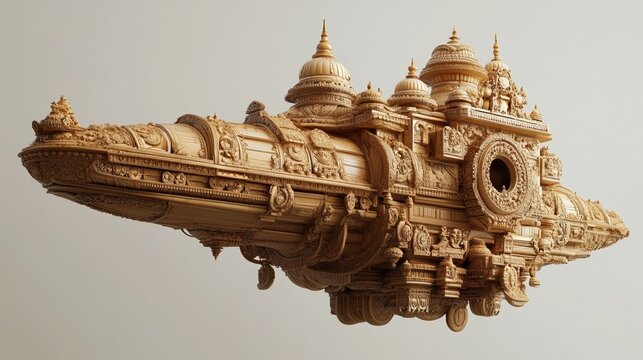 A highly detailed flying vimana with intricate Indian temple carvings and ornate architectural elements, resembling an ancient divine spacecraft against a neutral background