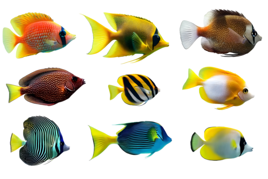 Collection set of tropical fishes isolated on transparent background