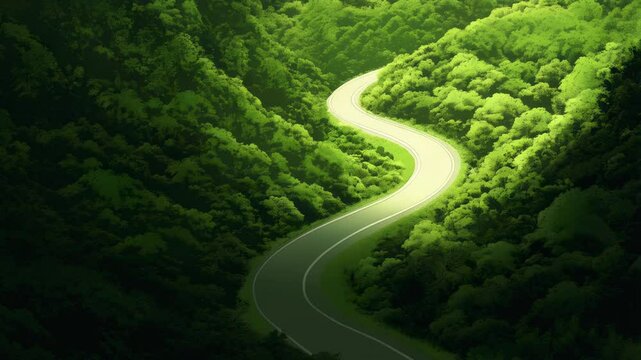 Sunlight illuminates a winding road through a dense, vibrant green forest, symbolizing the path towards a sustainable future and eco conscious choices