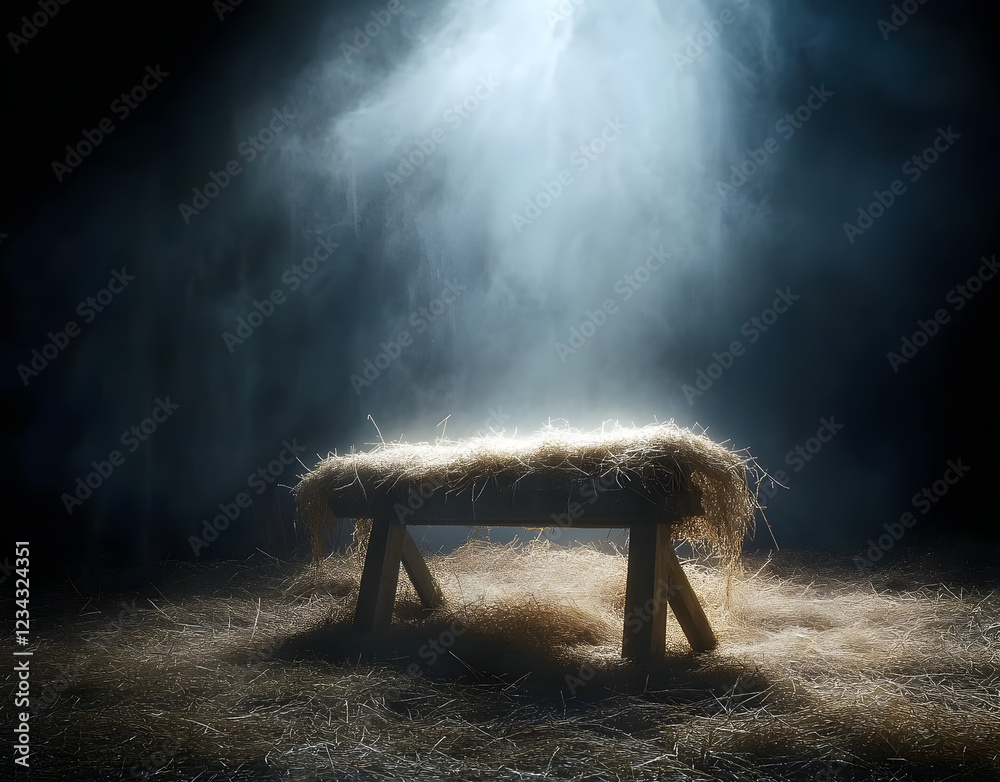 Sticker fog and empty manger with light falling on it - waiting for the messiah