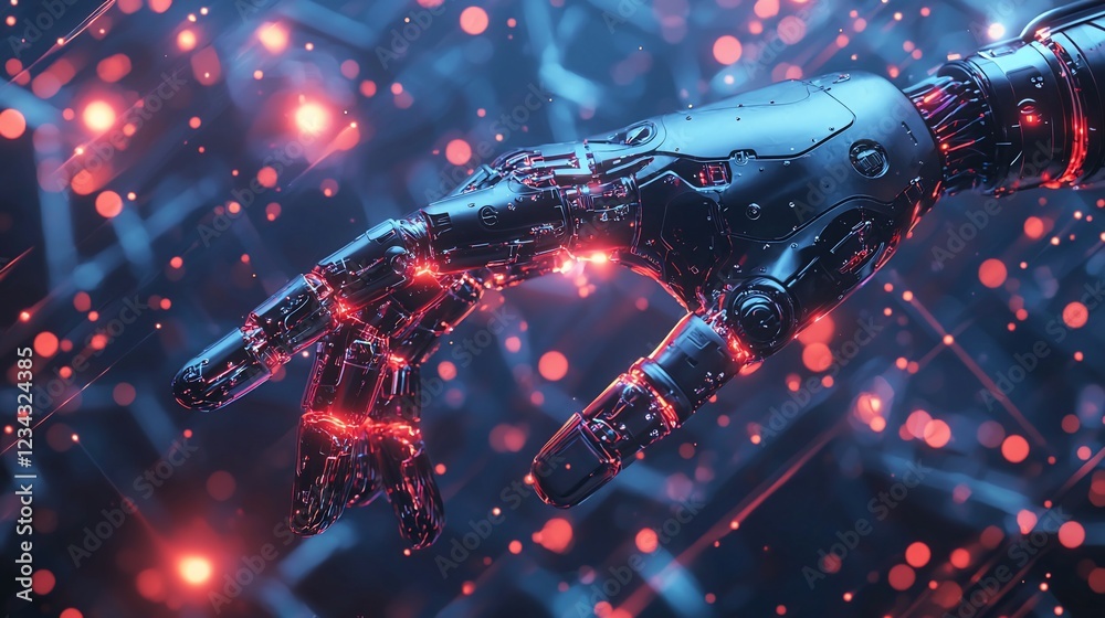 Poster robotic hand glowing red in digital space