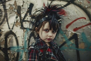 Portrait of a young child dressed as a punk rocker, complete with mohawk and studded accessories, standing against a graffiti covered wall