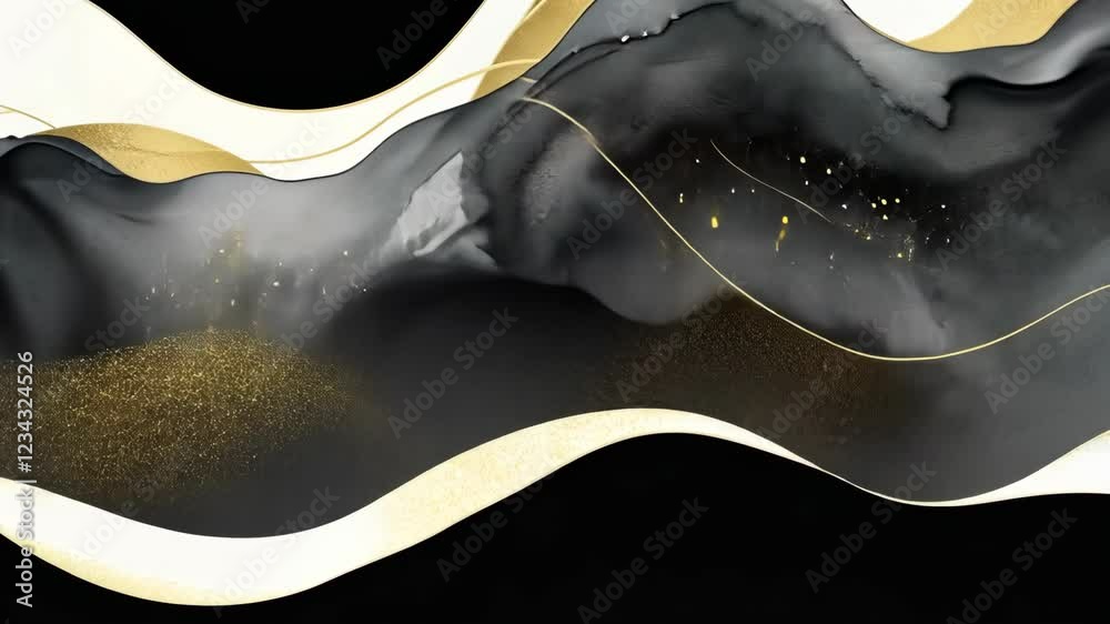 Poster colorful waves in black, white, and gold fluidly interact to create an enchanting visual experience.
