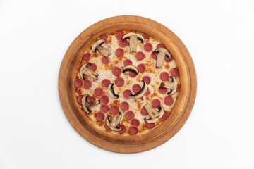 Pizza with salami  mushrooms and cheese on a white background