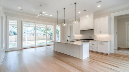 Modern kitchen with island, hardwood floors, and backyard view