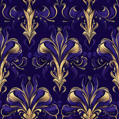 Elegant floral pattern in deep blue and gold, perfect for textiles or wallpaper.