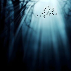 Obraz premium Flock of Birds in Flight Through Dark Blue Forest Sunlight