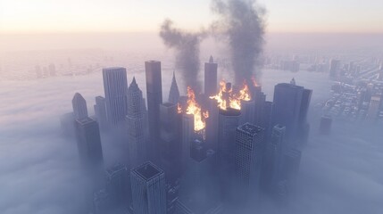 Cityscape inferno  burning buildings, foggy sunrise, aerial view, disaster film