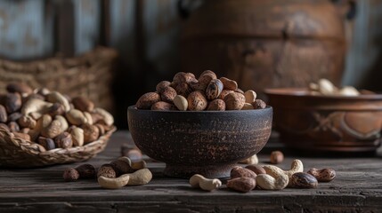 Rustic wooden bowls filled with assorted nuts in natural light