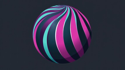 Fototapeta premium Abstract sphere with swirling pink and teal stripes on dark background.