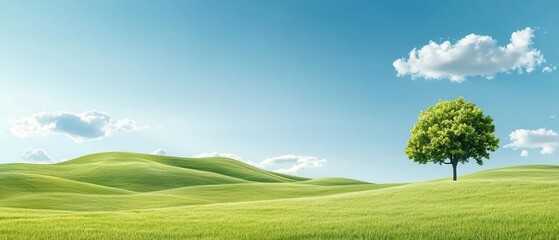 A serene landscape featuring rolling green hills under a clear blue sky, accented by a lone tree, ideal for nature themes.