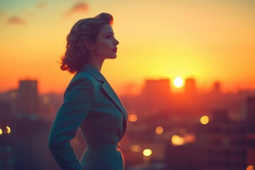 Woman in vintage style suit silhouetted against a vibrant sunset over a city.