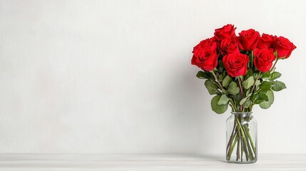 Fototapeta premium Vibrant Red Roses in Glass Vase on White Background