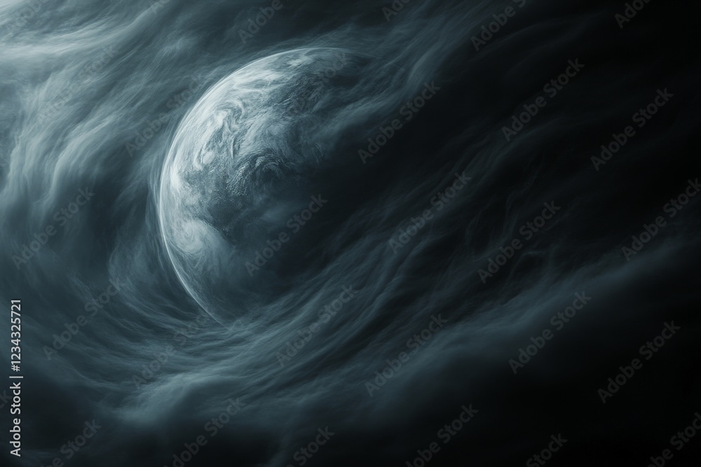 Poster mysterious planet emerges through swirling cosmic clouds in a darkened atmosphere