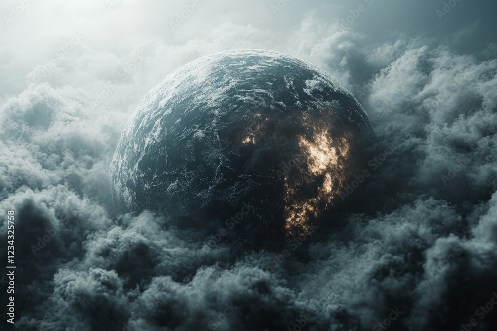 Poster mysterious planet surrounded by dark, swirling clouds illuminated by a faint glow