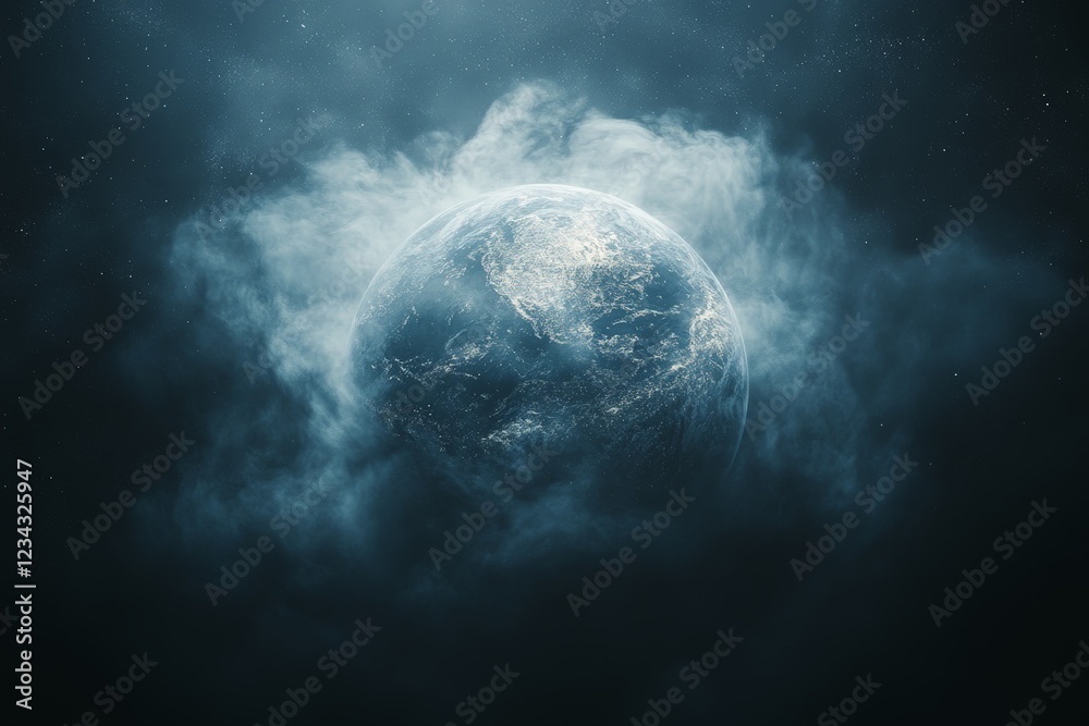 Poster view of earth from space surrounded by clouds and stars in a dark cosmic background at night