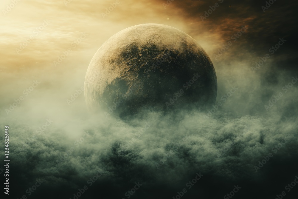 Aufkleber majestic planet emerging from a thick fog during twilight
