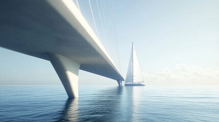 Serene Seascape: Sailboat and Bridge