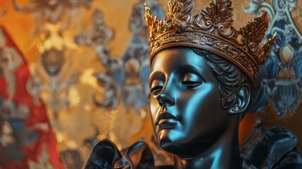 Fototapeta premium Sculptural portrait of a regal figure with ornate crown and rich textures