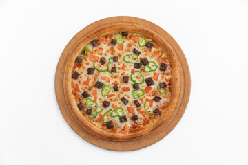 Pizza with salami  mushrooms and cheese on a white background