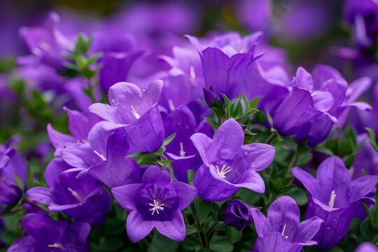 Close up of vibrant purple campanula flowers, showcasing their delicate beauty and fresh bloom in a natural garden setting