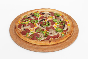 Pizza with salami  mushrooms and cheese on a white background