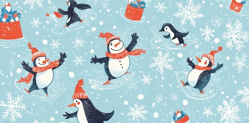 Playful Penguins Enjoying A Snowy Winter Day