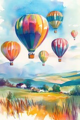 Fototapeta premium A vibrant watercolor illustration of colorful hot air balloons floating over a scenic countryside with rolling hills, green fields, and small houses under a bright blue sky