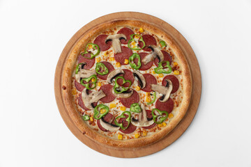 Pizza with salami  mushrooms and cheese on a white background