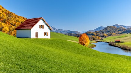 Obraz premium White House on a Green Hill by a River in Autumn