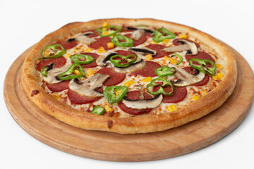 Pizza with salami  mushrooms and cheese on a white background