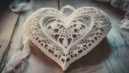 Obraz premium Photography capturing the details of a delicate lace heart, conveying a vintage and romantic feeling